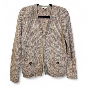 J. Jill Tweed Cardigan Cozy Sweater Pink Gray Textured Coastal Grandma Small‎